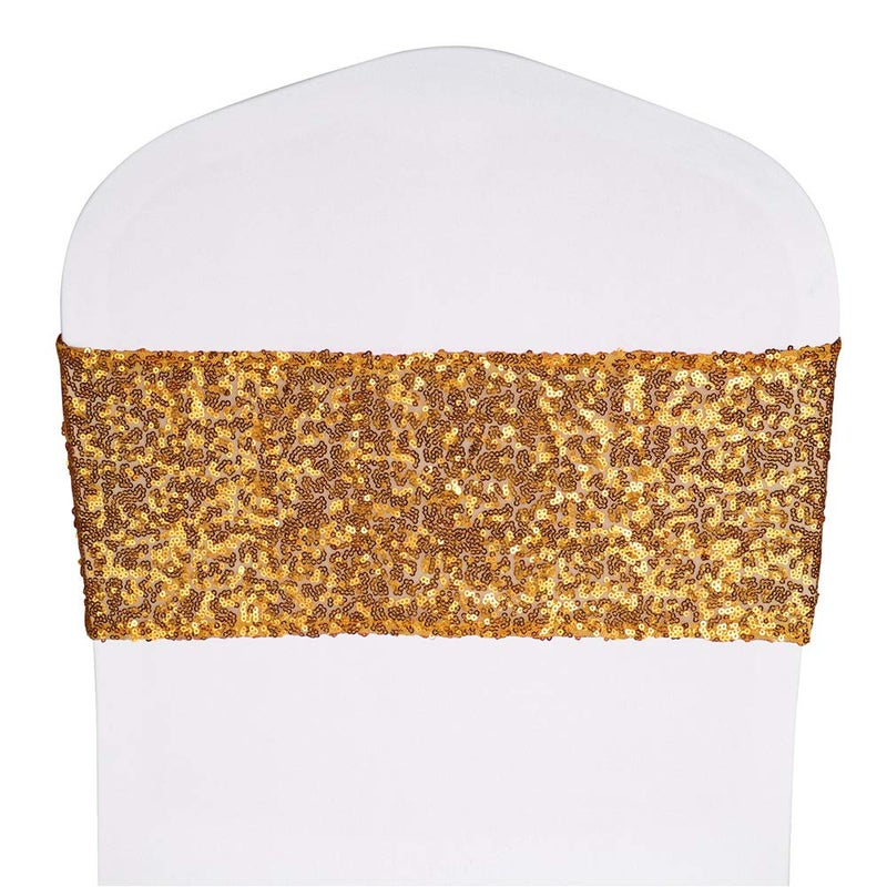 Desirable Life Pack of 50 Stretch Sequin Chair Sashes Chair Bands One-Sided Sequins Decor for Hotel Wedding Reception Party Event Chair Cover Decoration 4"x16" - Gold - Image 1